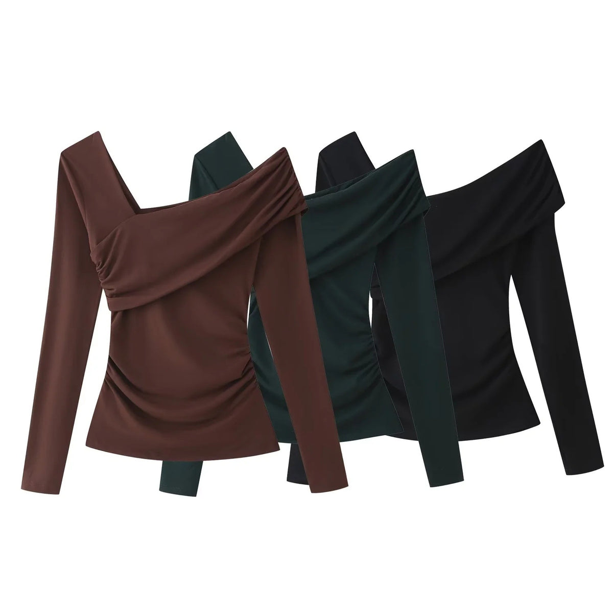 Top Asymétrique à Manches Longues – Coupe Plissée
