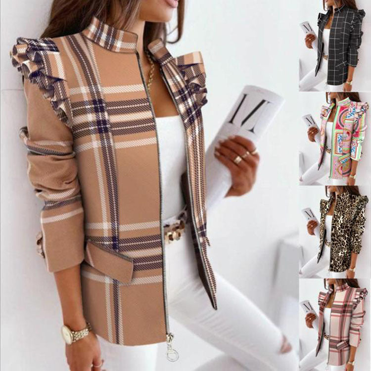 Blazer Imprimé à Manches Volantées – Fermeture Zippée