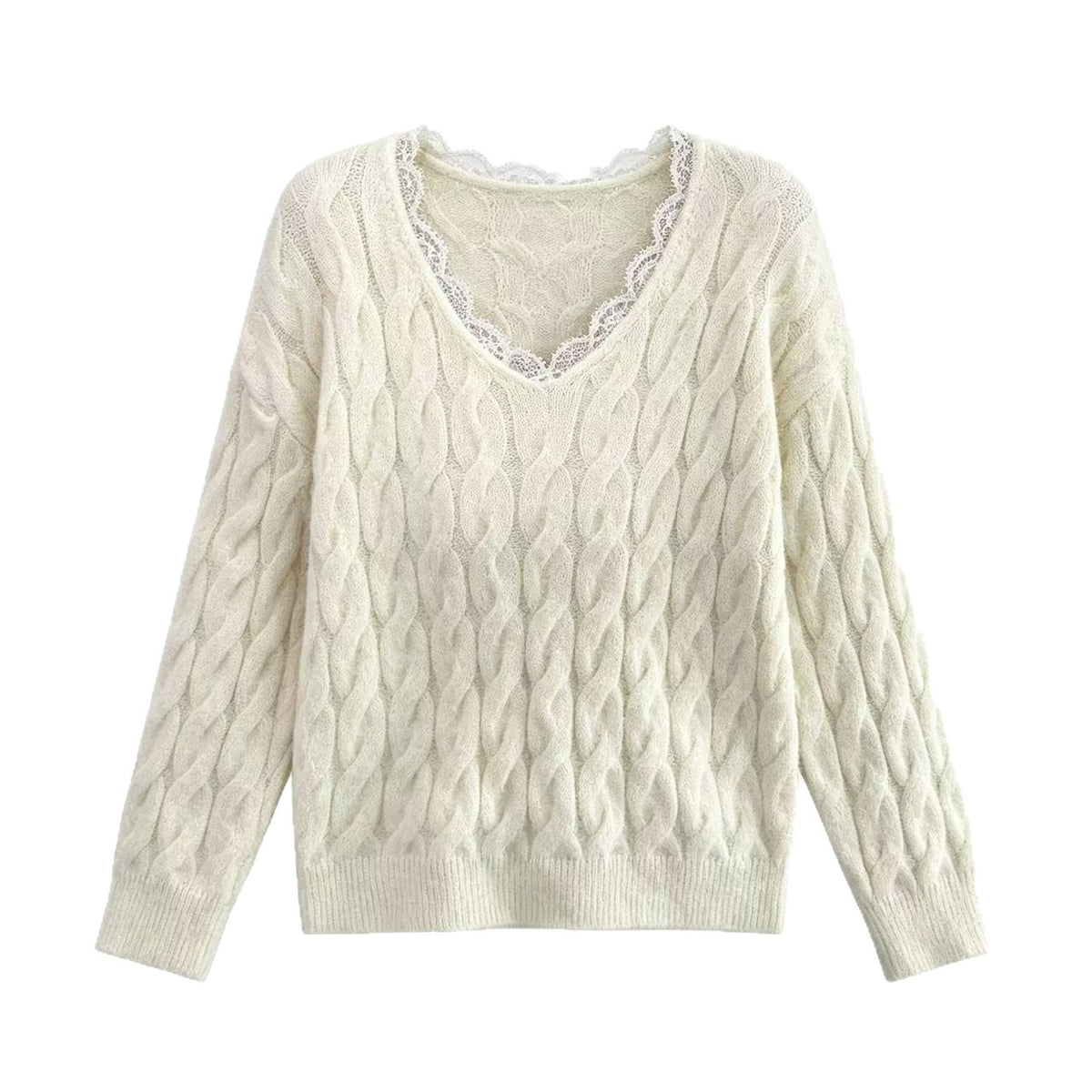 Pull en Maille Câblée – Col V & Détails Dentelle