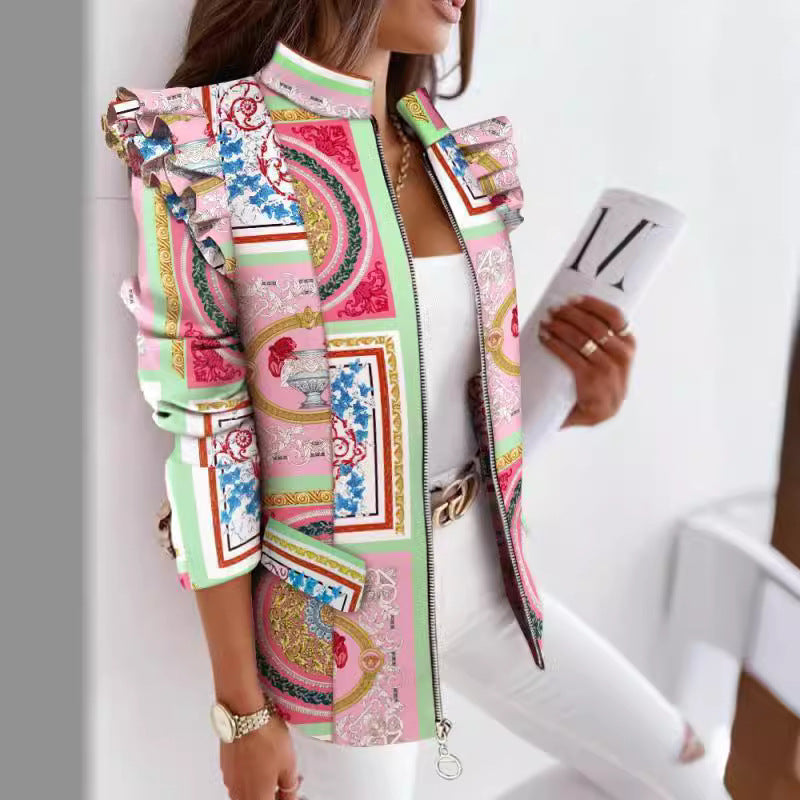 Blazer Imprimé à Manches Volantées – Fermeture Zippée