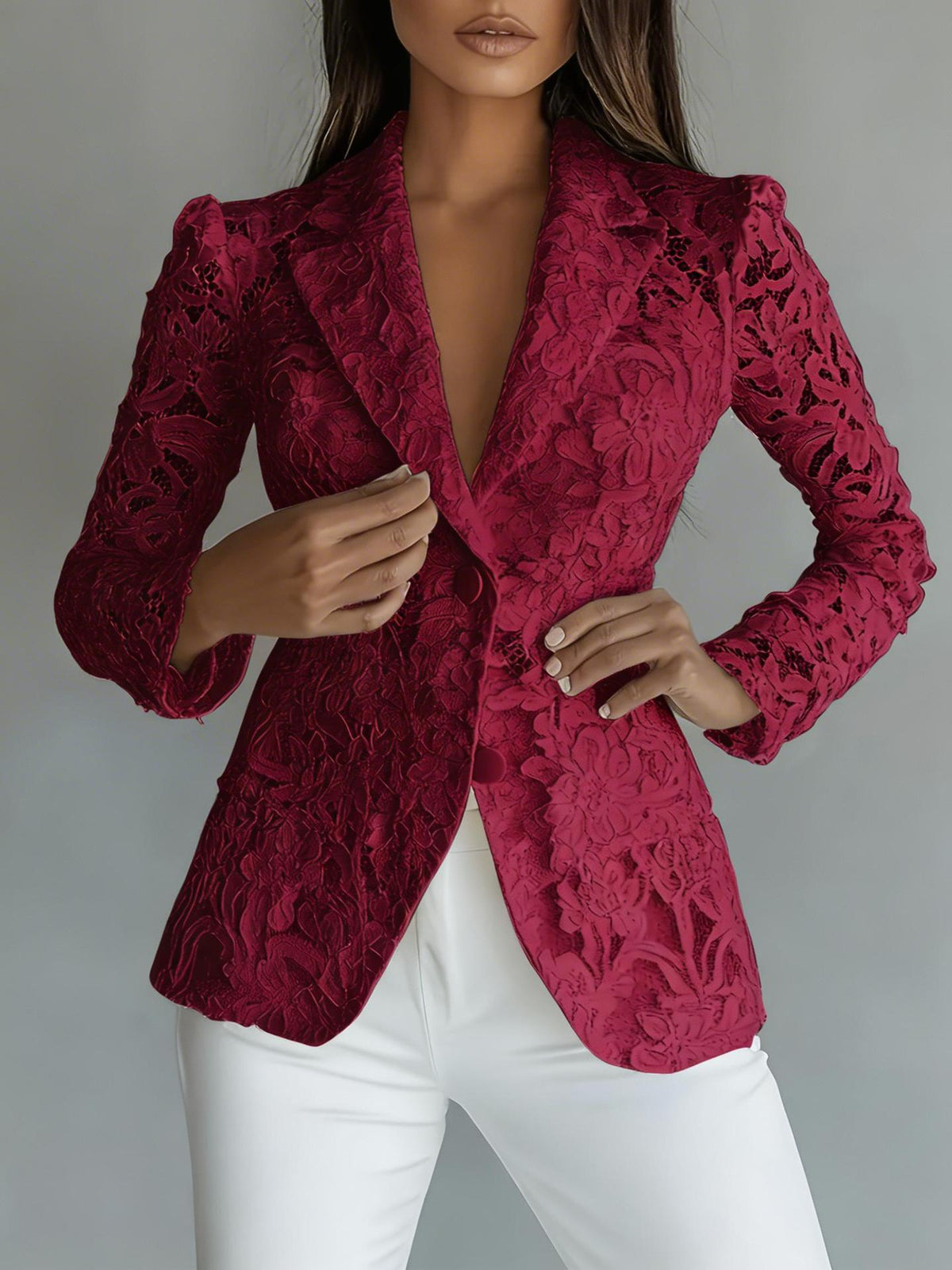 Blazer Élégant à Col V – Détails Dentelle