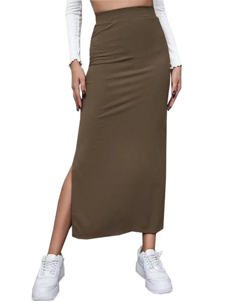 Jupe Longue Marron – Taille Haute & Fendue