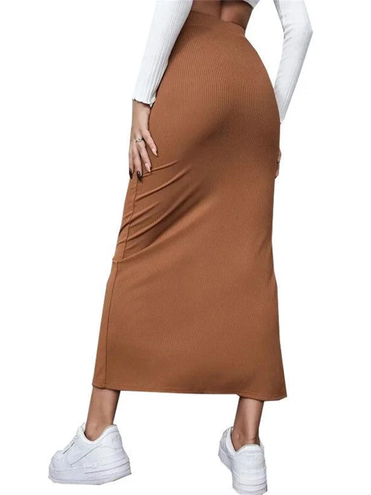 Jupe Longue Marron – Taille Haute & Fendue