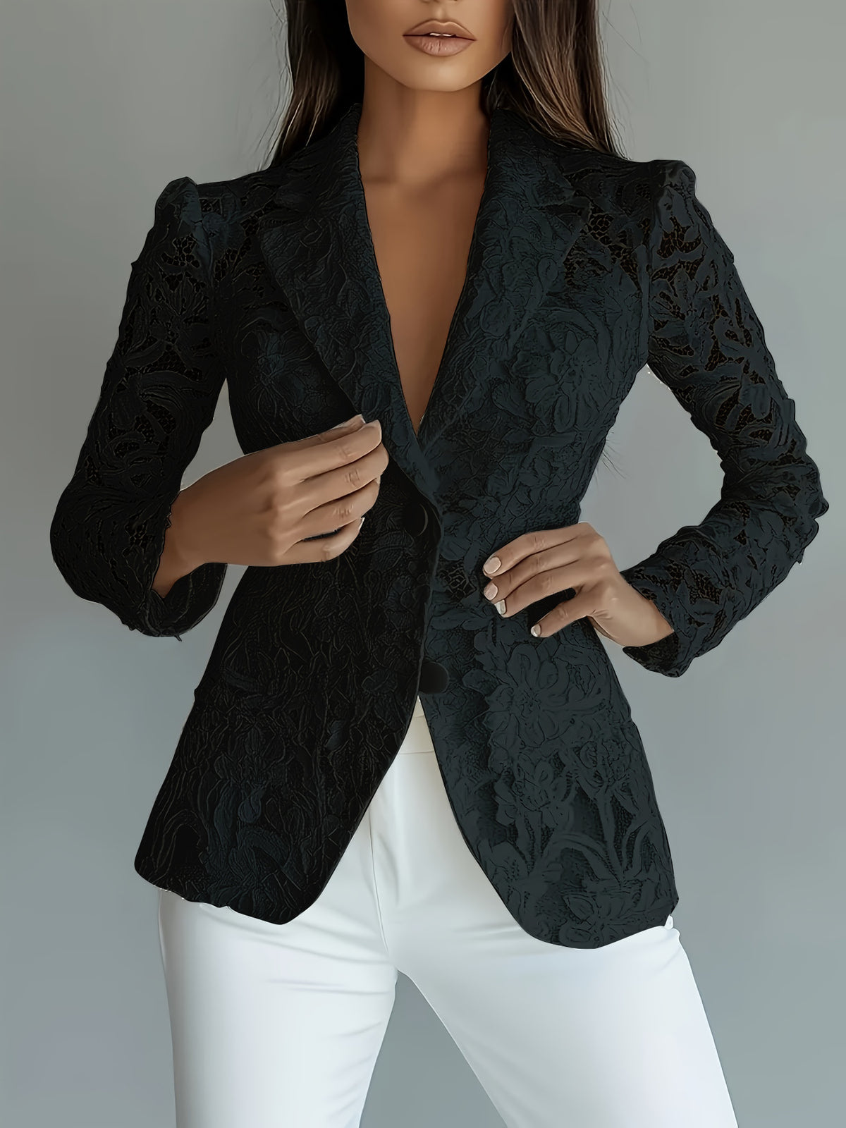 Blazer Élégant à Col V – Détails Dentelle