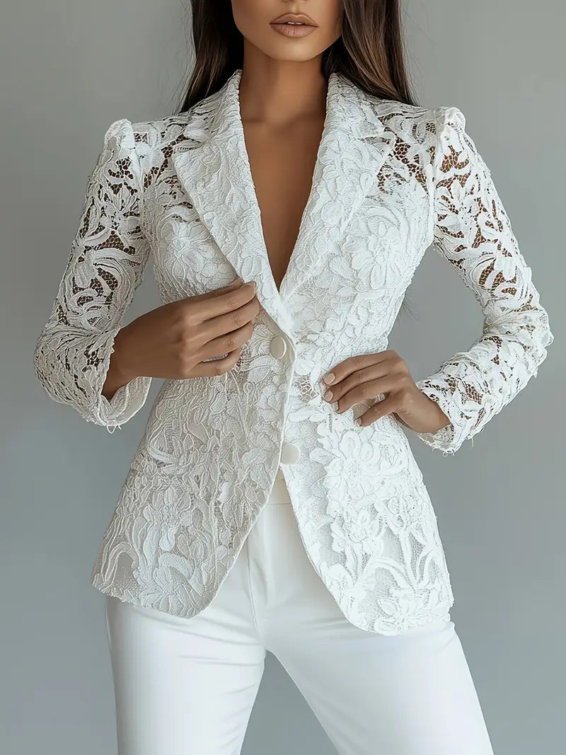 Blazer Élégant à Col V – Détails Dentelle