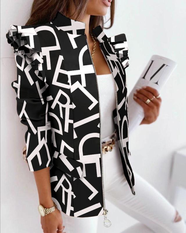 Blazer Imprimé à Manches Volantées – Fermeture Zippée