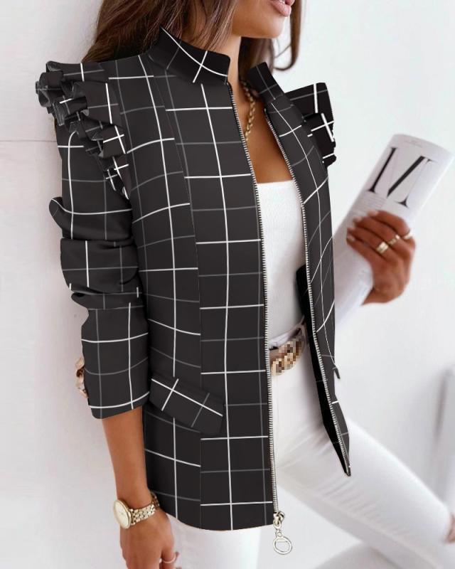 Blazer Imprimé à Manches Volantées – Fermeture Zippée