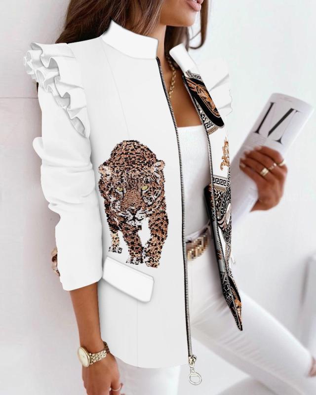 Blazer Imprimé à Manches Volantées – Fermeture Zippée