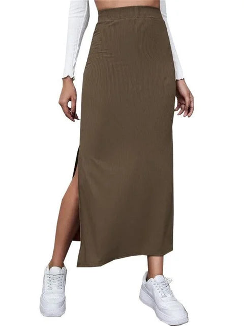 Jupe Longue Marron – Taille Haute & Fendue