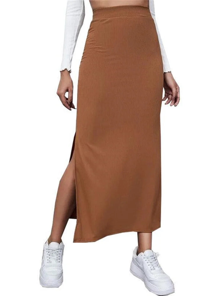 Jupe Longue Marron – Taille Haute & Fendue